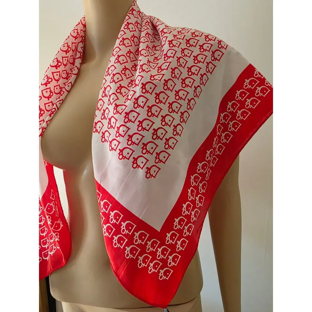 Christian Dior Red White CD Silk Printed Scarf